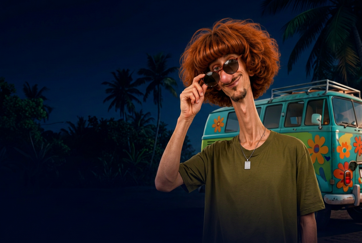 Personagem de óculos escuros diante de uma kombi à noite